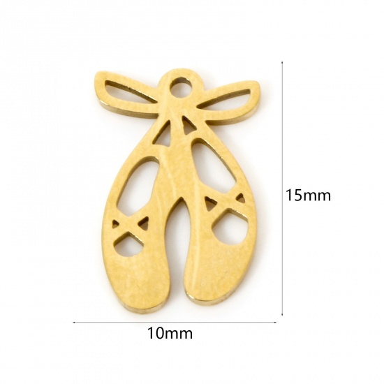 3 個 真空メッキ 304ステンレス鋼 チャーム バレエシューズ 18Kゴールドメッキ 透かし 15mm x 10mm、 の画像