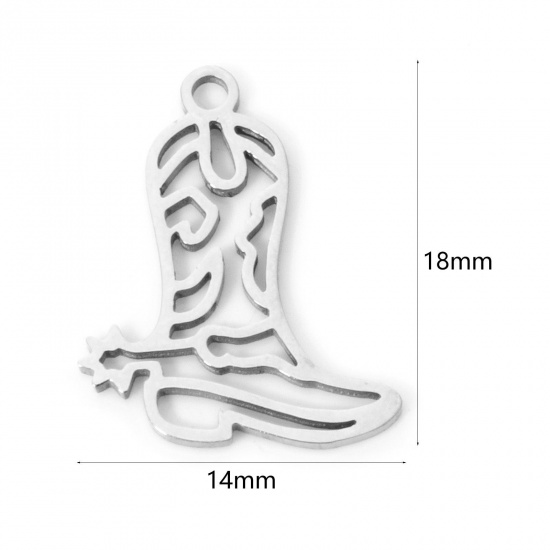 3 個 304ステンレス鋼 ウエストカウボーイ チャーム ブーツ シルバートーン 透かし 18mm x 14mm、 の画像