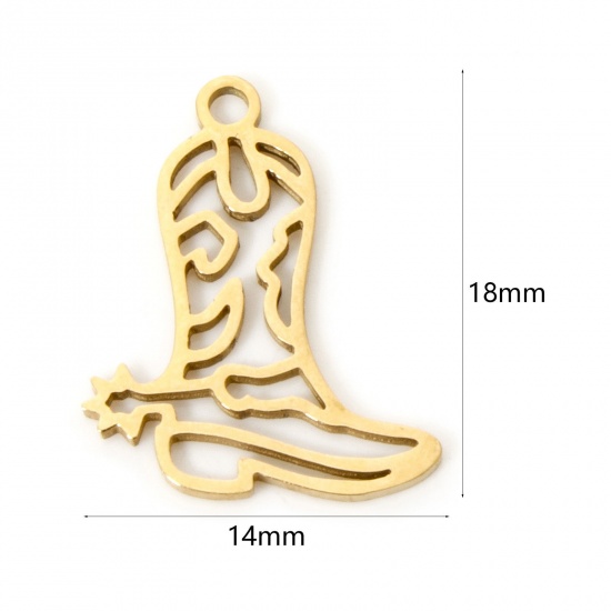 3 個 真空メッキ 304ステンレス鋼 ウエストカウボーイ チャーム ブーツ 18Kゴールドメッキ 透かし 18mm x 14mm、 の画像