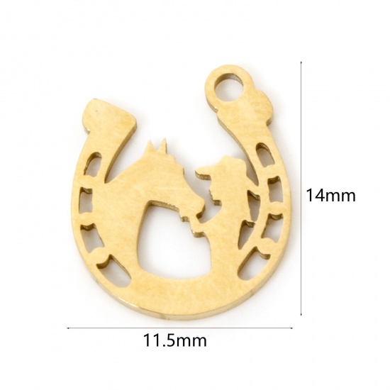 3 個 真空メッキ 304ステンレス鋼 ウエストカウボーイ チャーム 馬蹄 18Kゴールドメッキ 透かし 14mm x 11.5mm、 の画像