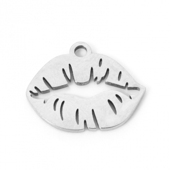 3 個 304ステンレス鋼 チャーム リップ シルバートーン 透かし 15mm x 12mm、 の画像