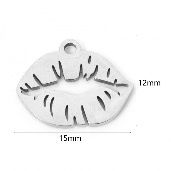 3 個 304ステンレス鋼 チャーム リップ シルバートーン 透かし 15mm x 12mm、 の画像