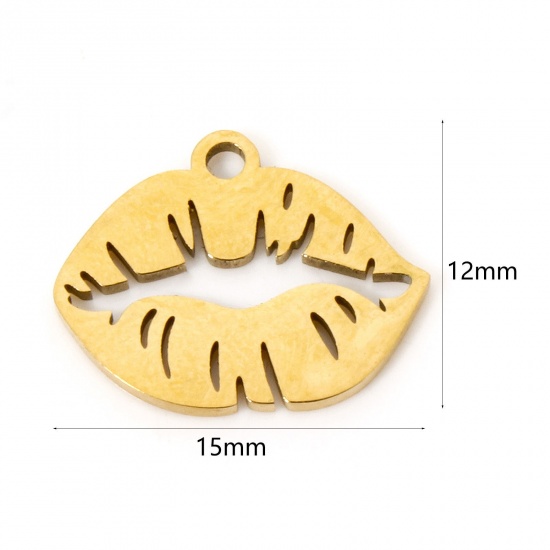 3 個 真空メッキ 304ステンレス鋼 チャーム リップ 18Kゴールドメッキ 透かし 15mm x 12mm、 の画像