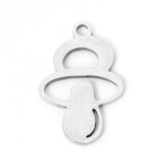 Picture of 3 PCs 304 Stainless Steel Baby Shower Charms Silver Tone Pacifier Hollow 17mm x 11mm