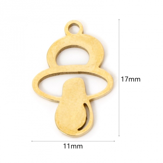 Picture of 3 PCs Vacuum Plating 304 Stainless Steel Baby Shower Charms 18K Gold Plated Pacifier Hollow 17mm x 11mm