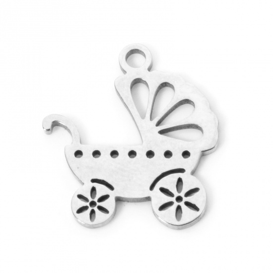 Picture of 3 PCs 304 Stainless Steel Baby Shower Charms Silver Tone Baby Carriage Hollow 15mm x 14mm