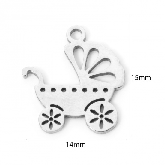 Picture of 3 PCs 304 Stainless Steel Baby Shower Charms Silver Tone Baby Carriage Hollow 15mm x 14mm