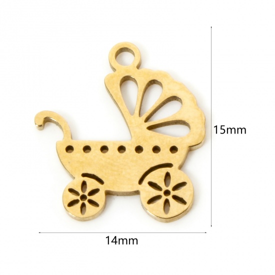 Picture of 3 PCs Vacuum Plating 304 Stainless Steel Baby Shower Charms 18K Gold Plated Baby Carriage Hollow 15mm x 14mm