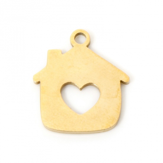 Picture of 3 PCs Vacuum Plating 304 Stainless Steel Charms 18K Gold Plated House Hollow 14mm x 12mm