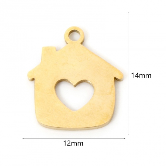 Picture of 3 PCs Vacuum Plating 304 Stainless Steel Charms 18K Gold Plated House Hollow 14mm x 12mm