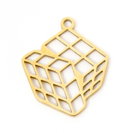 Picture of 3 PCs Vacuum Plating 304 Stainless Steel Charms 18K Gold Plated Rubik's Cube/ Magic Cube Hollow 20mm x 17mm