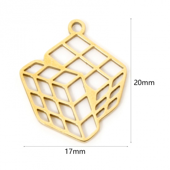 Picture of 3 PCs Vacuum Plating 304 Stainless Steel Charms 18K Gold Plated Rubik's Cube/ Magic Cube Hollow 20mm x 17mm