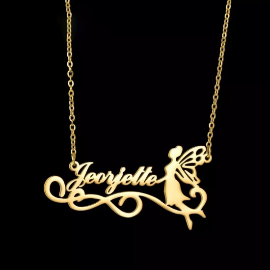 Picture of 1 Piece 304 Stainless Steel Customized Name Necklace Personalized Letter Charm Pendant Fairy Gold Plated 45cm(17.7") long