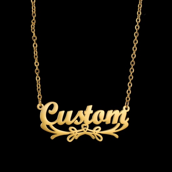 Picture of 1 Piece 304 Stainless Steel Customized Name Necklace Personalized Letter Charm Pendant Flower Vine Gold Plated 45cm(17.7") long