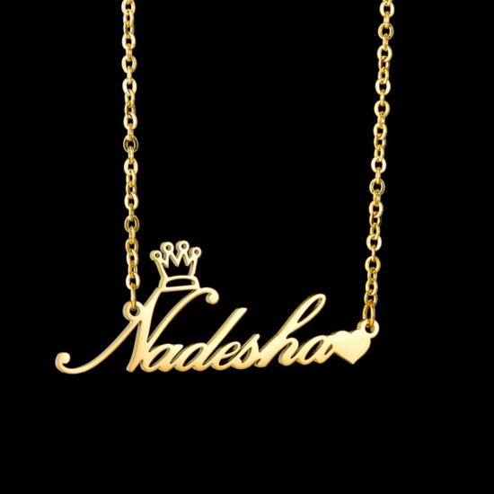 Picture of 1 Piece 304 Stainless Steel Customized Name Necklace Personalized Letter Charm Pendant Crown Gold Plated 45cm(17.7") long