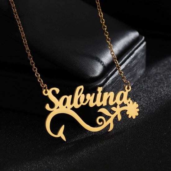 Picture of 1 Piece 304 Stainless Steel Customized Name Necklace Personalized Letter Charm Pendant Flower Vine Gold Plated 45cm(17.7") long