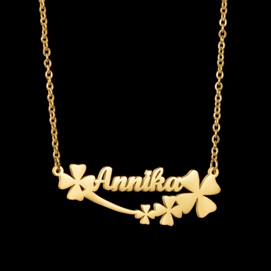 Picture of 1 Piece 304 Stainless Steel Customized Name Necklace Personalized Letter Charm Pendant Flower Vine Gold Plated 45cm(17.7") long