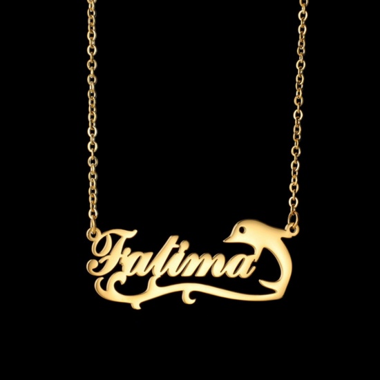 Picture of 1 Piece 304 Stainless Steel Customized Name Necklace Personalized Letter Charm Pendant Dolphin Gold Plated 45cm(17.7") long