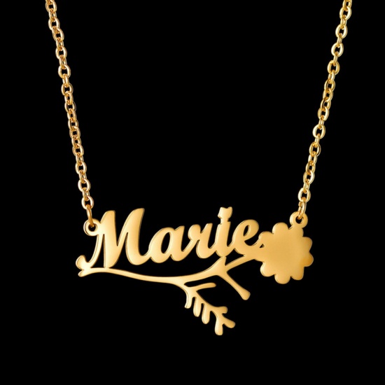 Picture of 1 Piece 304 Stainless Steel Customized Name Necklace Personalized Letter Charm Pendant Flower Vine Gold Plated 45cm(17.7") long