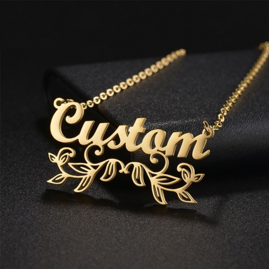 Picture of 1 Piece 304 Stainless Steel Customized Name Necklace Personalized Letter Charm Pendant Flower Vine Gold Plated 45cm(17.7") long