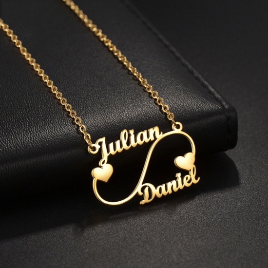 Picture of 1 Piece 304 Stainless Steel Customized Name Necklace Personalized Letter Charm Pendant Flower Vine Gold Plated 45cm(17.7") long