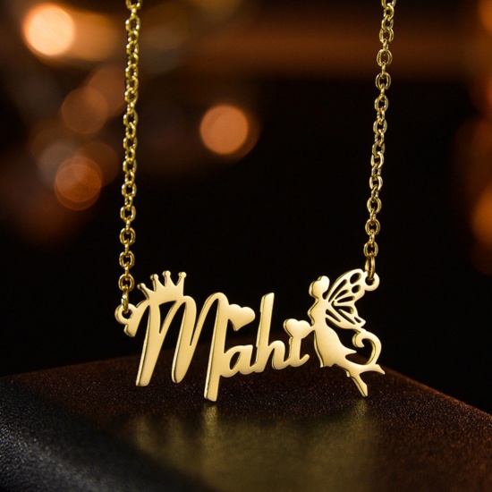 Picture of 1 Piece 304 Stainless Steel Customized Name Necklace Personalized Letter Charm Pendant Fairy Gold Plated 45cm(17.7") long