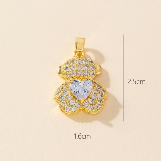 1 Piece Brass Charm Pendant 18K Gold Plated Bear Animal Micro Pave Clear Cubic Zirconia 25mm x 16mm の画像