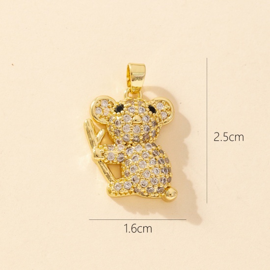 1 Piece Brass Charm Pendant 18K Gold Plated Bear Animal Micro Pave Clear Cubic Zirconia 25mm x 16mm の画像