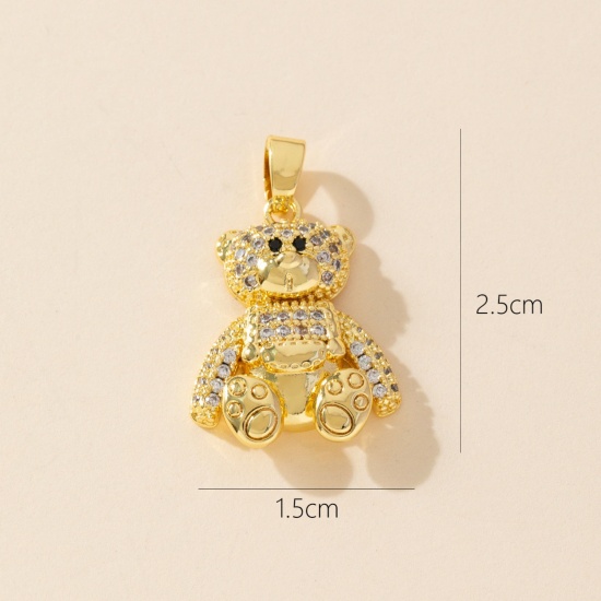 1 Piece Brass Charm Pendant 18K Gold Plated Bear Animal Micro Pave Clear Cubic Zirconia 25mm x 15mm の画像