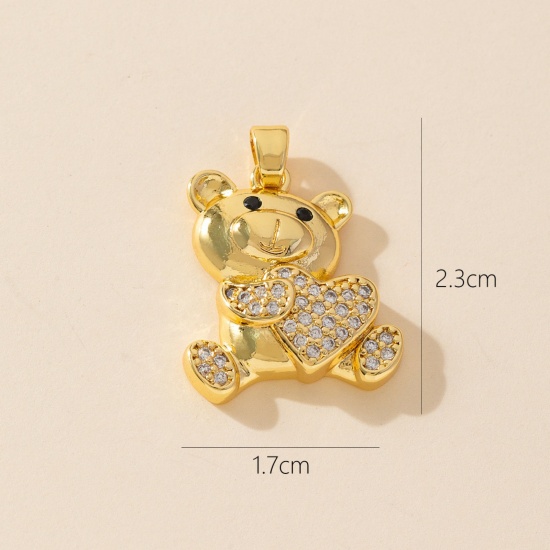 1 Piece Brass Charm Pendant 18K Gold Plated Bear Animal Micro Pave Clear Cubic Zirconia 23mm x 17mm の画像