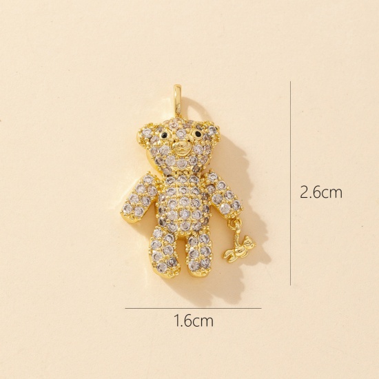 1 Piece Brass Charm Pendant 18K Gold Plated Bear Animal Micro Pave Clear Cubic Zirconia 26mm x 16mm の画像