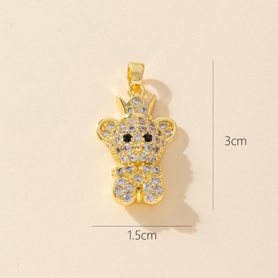 1 Piece Brass Charm Pendant 18K Gold Plated Bear Animal Micro Pave Clear Cubic Zirconia 3cm x 1.5cm の画像