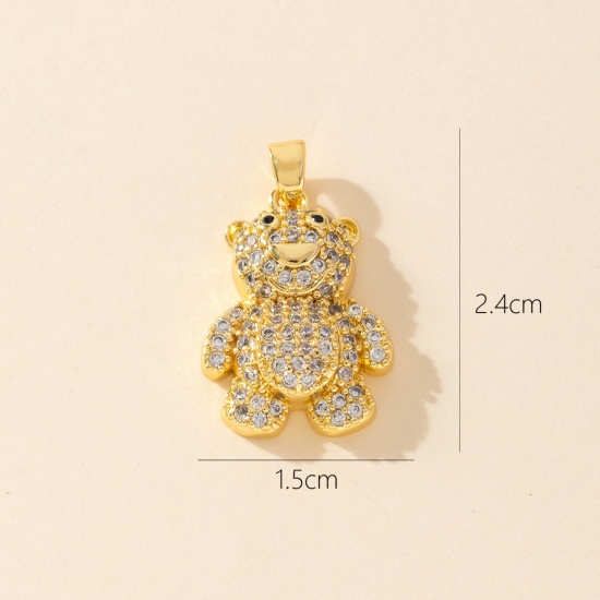 1 Piece Brass Charm Pendant 18K Gold Plated Bear Animal Micro Pave Clear Cubic Zirconia 24mm x 15mm の画像