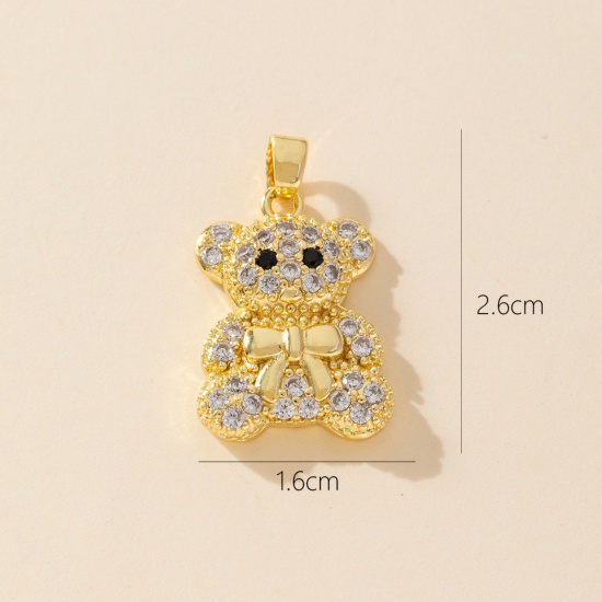 1 Piece Brass Charm Pendant 18K Gold Plated Bear Animal Micro Pave Clear Cubic Zirconia 26mm x 16mm の画像