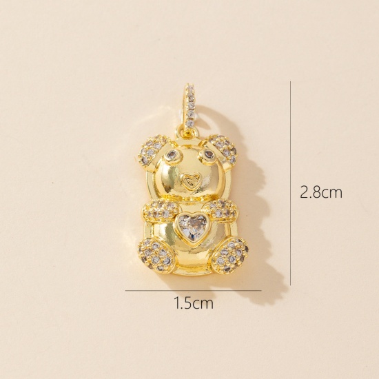 1 Piece Brass Charm Pendant 18K Gold Plated Bear Animal Micro Pave Clear Cubic Zirconia 28mm x 15mm の画像