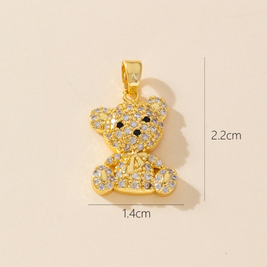 1 Piece Brass Charm Pendant 18K Gold Plated Bear Animal Micro Pave Clear Cubic Zirconia 22mm x 14mm の画像