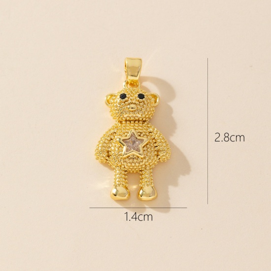 1 Piece Brass Charm Pendant 18K Gold Plated Bear Animal Micro Pave Clear Cubic Zirconia 28mm x 14mm の画像