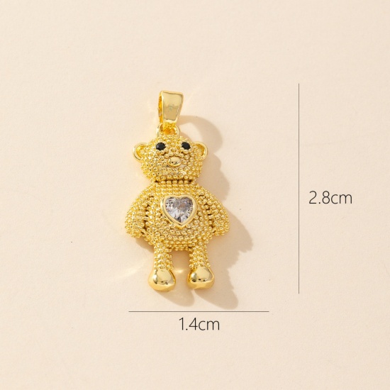 1 Piece Brass Charm Pendant 18K Gold Plated Bear Animal Micro Pave Clear Cubic Zirconia 28mm x 14mm の画像