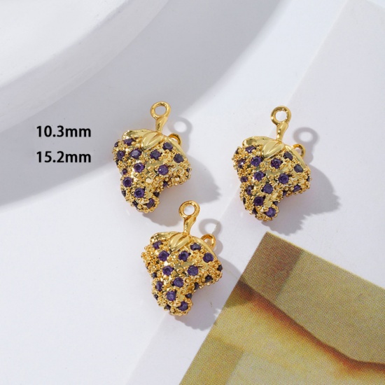 Picture of 2 PCs Brass Charms 18K Gold Plated Grape Fruit Mini Purple Cubic Zirconia 15.2mm x 10.3mm