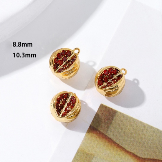 Picture of 2 PCs Brass Charms 18K Gold Plated Watermelon Fruit Mini Red Cubic Zirconia 10.3mm x 8.8mm