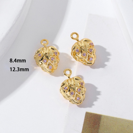 Picture of 2 PCs Brass Charms 18K Gold Plated Strawberry Fruit Mini Purple Rhinestone 12.3mm x 8.4mm