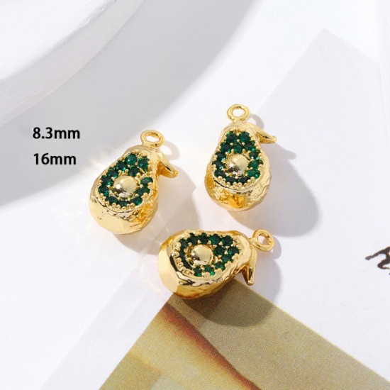 Picture of 2 PCs Brass Charms 18K Gold Plated Avocado Fruit Mini Green Cubic Zirconia 16mm x 8.3mm