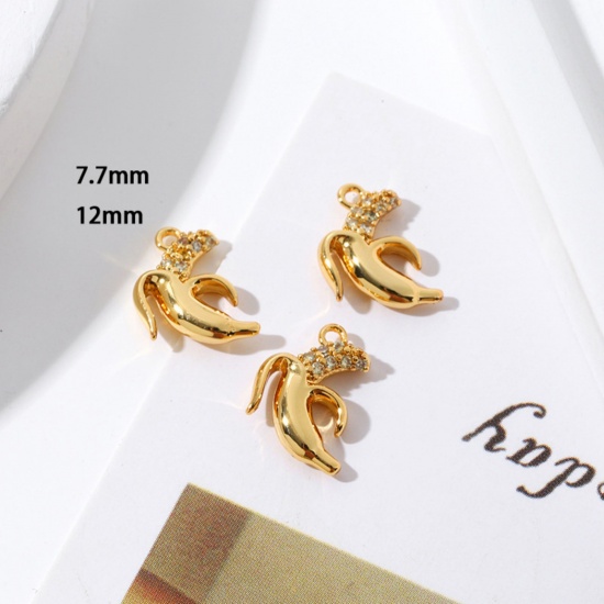 Picture of 2 PCs Brass Charms 18K Gold Plated Banana Fruit Mini Clear Cubic Zirconia 12mm x 7.7mm