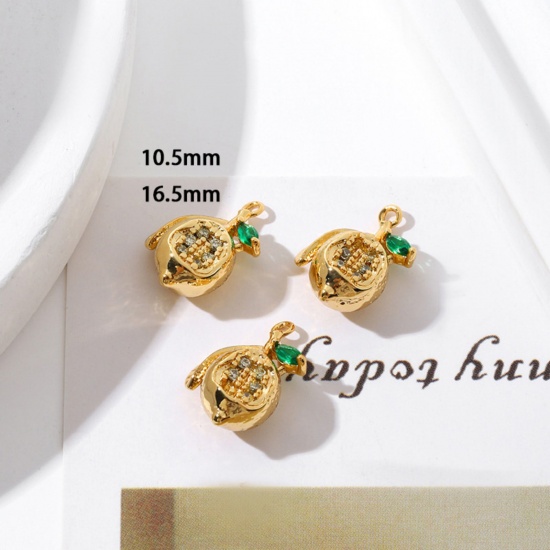 Picture of 2 PCs Brass Charms 18K Gold Plated Papaya Mini Clear Cubic Zirconia Green Rhinestone 16.5mm x 10.5mm