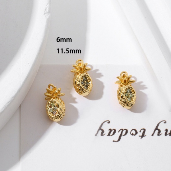 Picture of 2 PCs Brass Charms 18K Gold Plated Pineapple/ Ananas Fruit Mini Clear Cubic Zirconia 11.5mm x 6mm