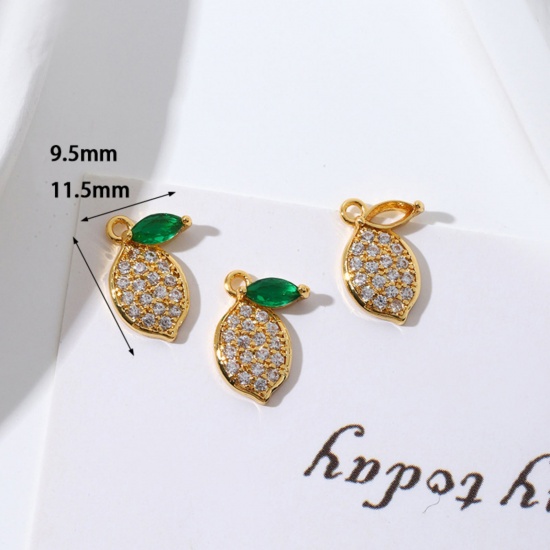 Picture of 2 PCs Brass Charms 18K Gold Plated Lemon Mini Clear Cubic Zirconia Green Rhinestone 11.5mm x 9.5mm