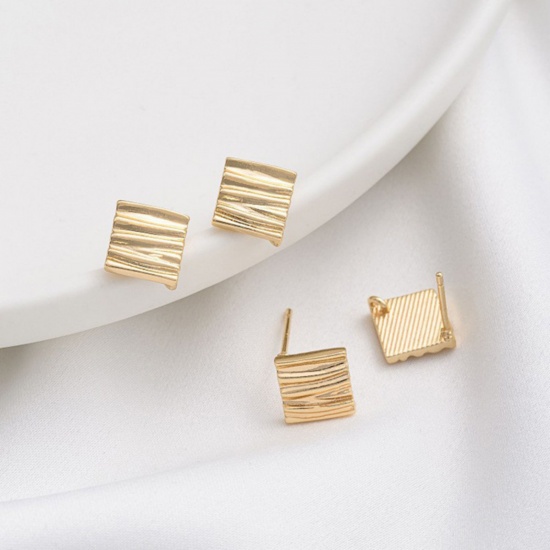 Picture of 1 Pair Brass Ear Post Stud Earring With Loop Connector Accessories 14K Real Gold Plated Rhombus Texture With Loop 8mm x 8mm