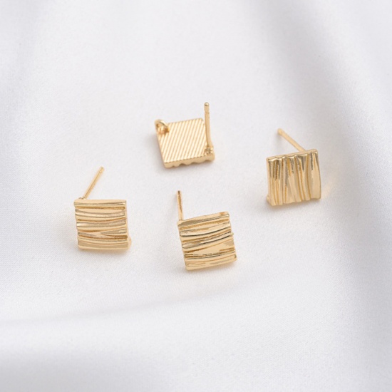 Picture of 1 Pair Brass Ear Post Stud Earring With Loop Connector Accessories 14K Real Gold Plated Rhombus Texture With Loop 8mm x 8mm