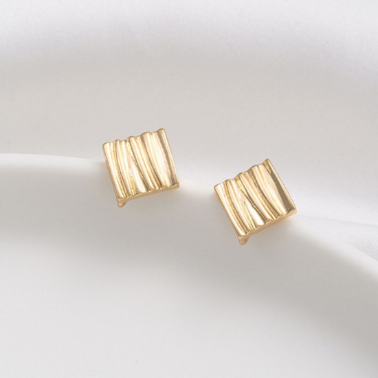 Picture of 1 Pair Brass Ear Post Stud Earring With Loop Connector Accessories 14K Real Gold Plated Rhombus Texture With Loop 8mm x 8mm