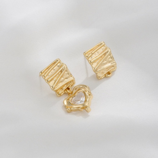 Picture of 1 Pair Brass Ear Post Stud Earring For DIY Jewelry Making Accessories 14K Real Gold Plated Texture With Loop 16mm x 12mm